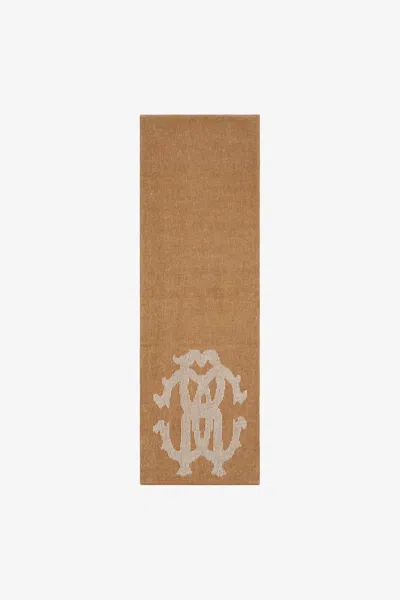 Roberto Cavalli Cotton And Wool Blend Scarf With Rc Monogram In Light Brown