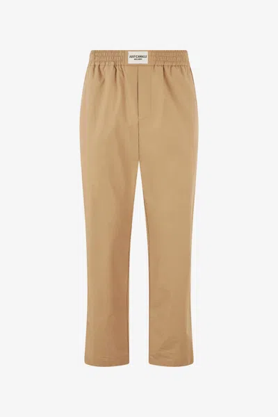 Roberto Cavalli Cotton Pants With Front Logo In Brown