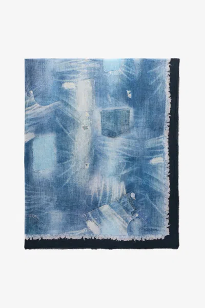 Roberto Cavalli Cotton Scarf With Denim Patchwork Print In Blue