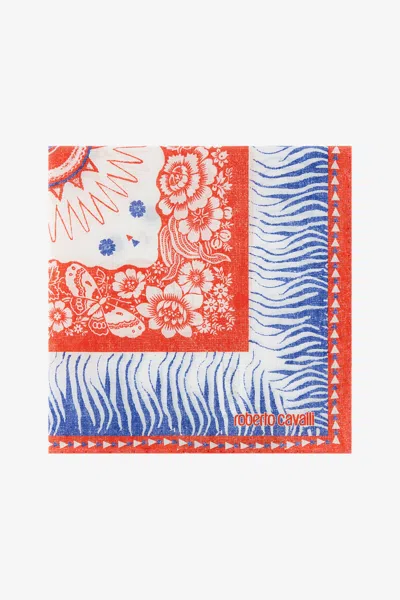Roberto Cavalli Cotton Scarf With Zebra Pattern And Logo In Blue