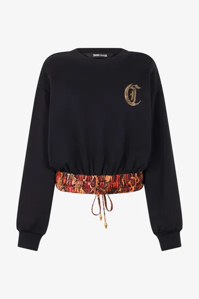 Roberto Cavalli Cotton Sweatshirt With Python Band In 899 Black + 576 Embe