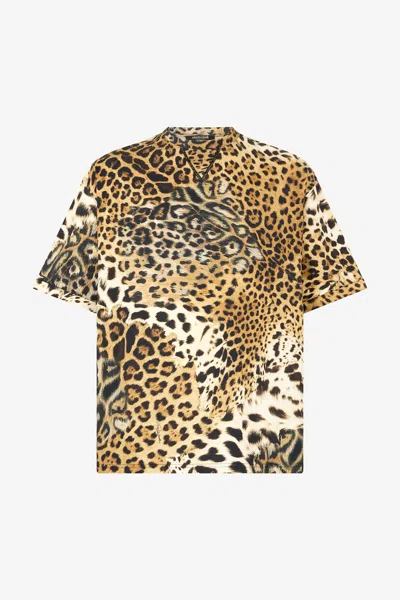 Roberto Cavalli Cotton T-shirt With Animal Print In Brown