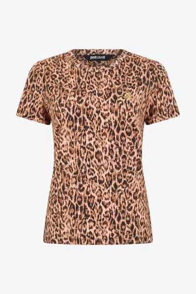 Roberto Cavalli Cotton T-shirt With Leopard Skin Print In Brown