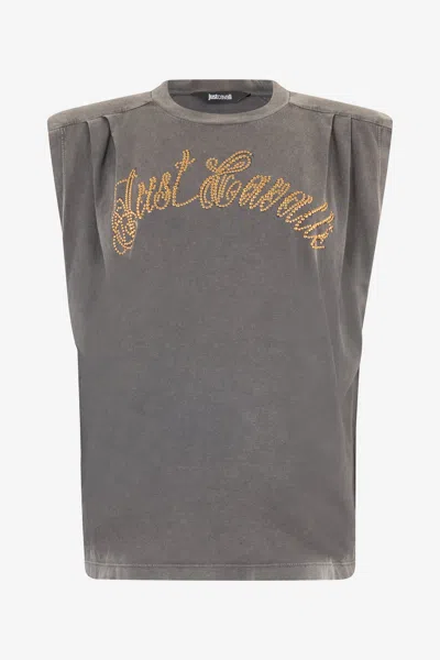 Roberto Cavalli Cotton Top With Front Logo In Dark Gray