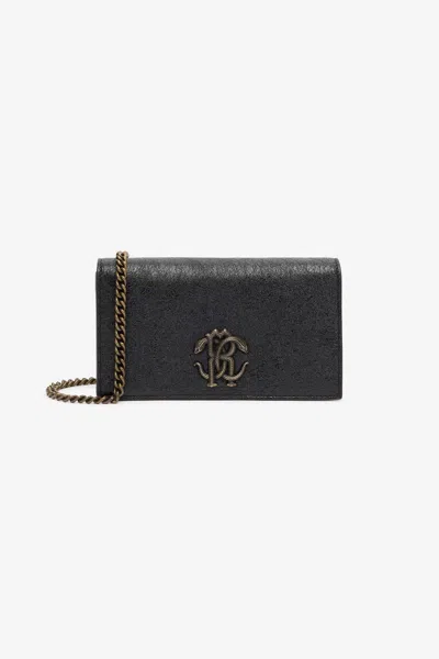 Roberto Cavalli Cracked Leather Bag With Mirror Snake Monogram In Black