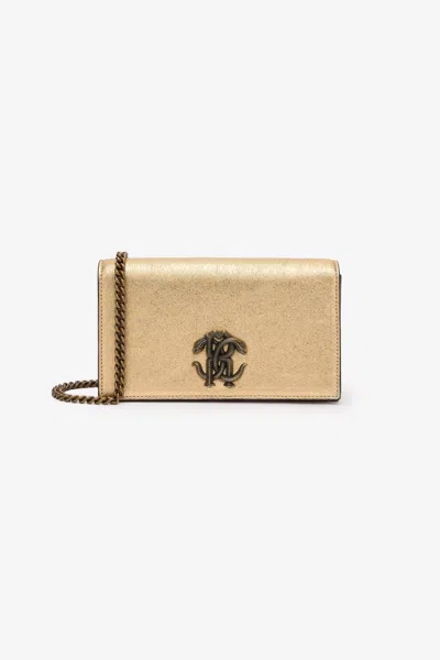 Roberto Cavalli Cracked Leather Bag With Mirror Snake Monogram In Gold