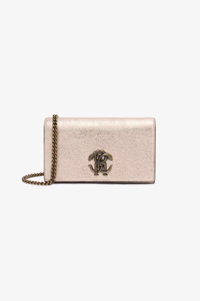 Roberto Cavalli Cracked Leather Bag With Mirror Snake Monogram In Rose Gold