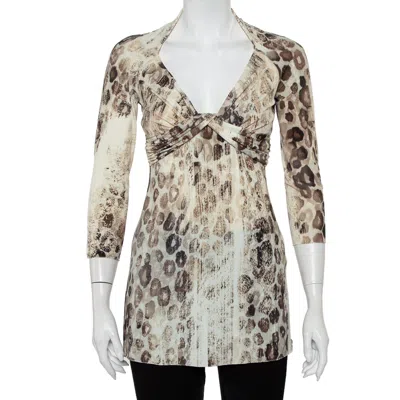 Pre-owned Roberto Cavalli Cream Animal Printed Knit Drape Detail Tunic M