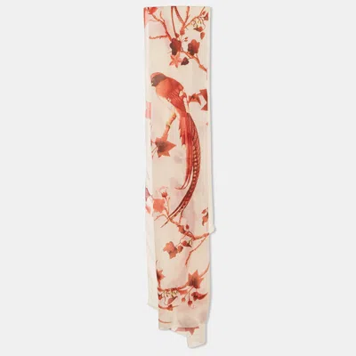 Pre-owned Roberto Cavalli Cream Bird And Leave Print Silk Rectangular Stole In White