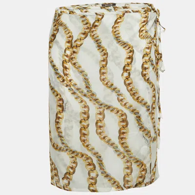 Roberto Cavalli Cream Chain Print Silk Wrap Mini Skirt In Multi