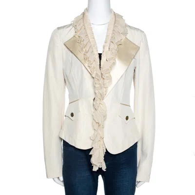Roberto Cavalli Cream Cotton Blend Ruffle Detail Jacket In White