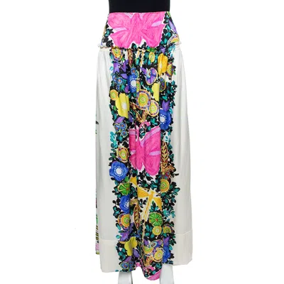 Roberto Cavalli Cream Flora & Fauna Print Satin Silk Maxi Skirt In White