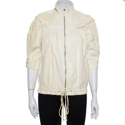 Roberto Cavalli Cream Leather Pleated Detail Zipper Front Jacket In Neutral