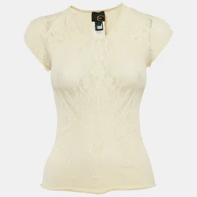 Pre-owned Roberto Cavalli Cream Mesh Jersey Top S In White