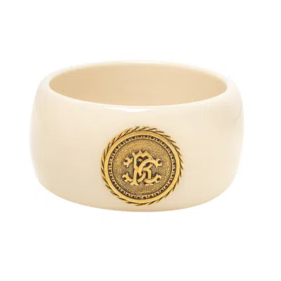 Roberto Cavalli Cream Resin Logo Medallion Wide Bangle Bracelet In Gray