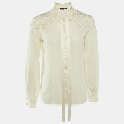 Pre-owned Roberto Cavalli Cream Silk Embroidered Button Front Shirt S