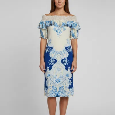 Pre-owned Roberto Cavalli Cream/blue Printed Stretch Knit Off Shoulder Dress M In White