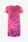 Roberto Cavalli Crinkle-effect Dress With Rose Print In Fuchsia