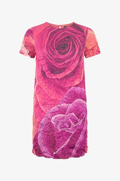 Roberto Cavalli Crinkle-effect Dress With Rose Print In Fuchsia
