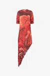 Roberto Cavalli Crinkled Asymmetric Dress With Rose Print In Red