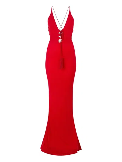 Roberto Cavalli Criss-cross Tassel Maxi Dress In Red
