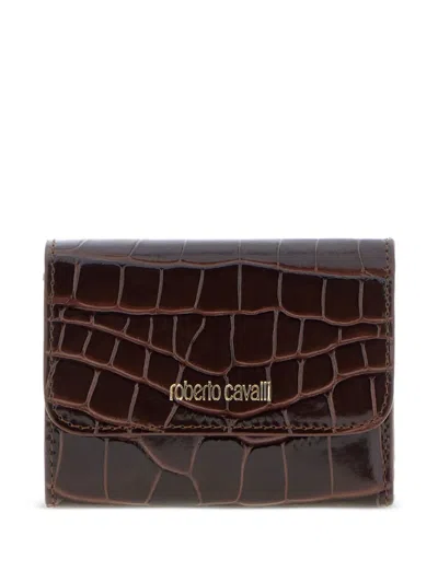 Roberto Cavalli Croc-effect Logo-lettering Card Holder In Brown