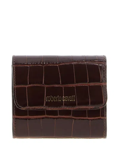 Roberto Cavalli Croc-effect Logo-lettering Wallet In Brown