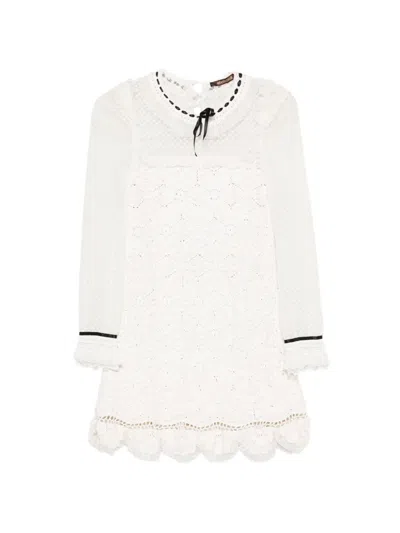 Roberto Cavalli Crochet Ribbon-detail Mini Dress In White