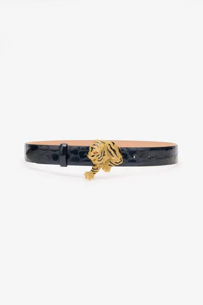 Roberto Cavalli Crocodile-effect Belt With Bejeweled Tiger In Dark Blue