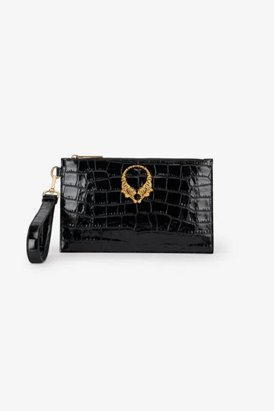 Roberto Cavalli Crocodile-embossed Leather Clutch In Black