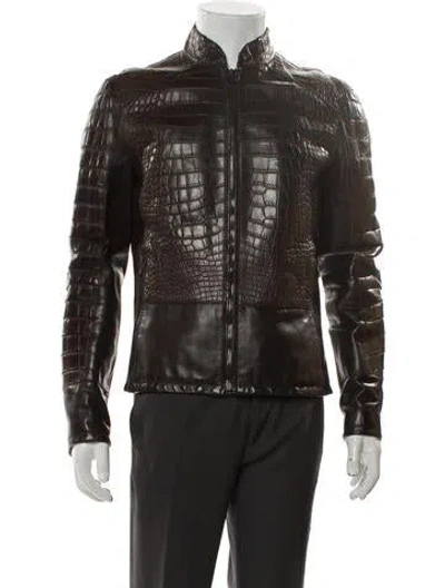 Pre-owned Roberto Cavalli Crocodile Graphic Print Moto Jacket In Brown