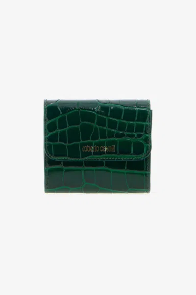 Roberto Cavalli Crocodile Print Card Case In Dark Green