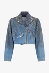 Roberto Cavalli Cropped Denim Jacket With Rhinestones In Light Blue