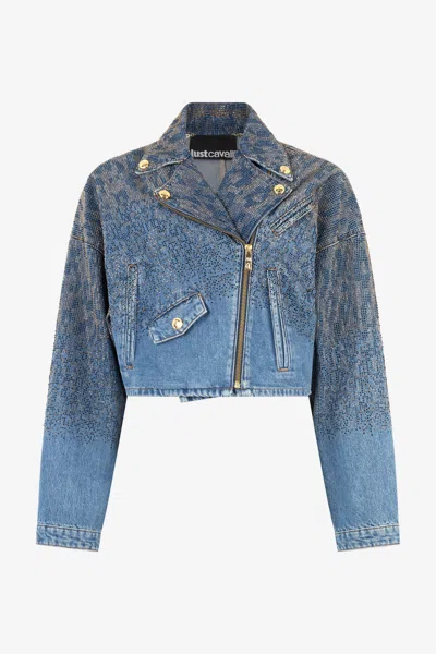 Roberto Cavalli Cropped Denim Jacket With Rhinestones In Light Blue