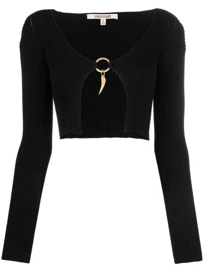 Roberto Cavalli Viscose Crop Top W/ Metal Charm In Black