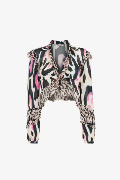 Roberto Cavalli Jaguar-print Ruffle-trimmed Cropped Top In Rosa