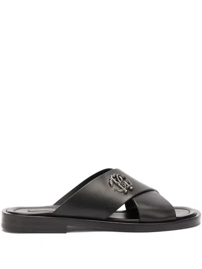Roberto Cavalli Logo-plaque Leather Slides In Black