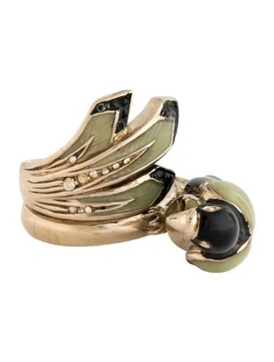 Pre-owned Roberto Cavalli Crystal & Enamel Perched Bird Cocktail Ring In Black/green/yellow