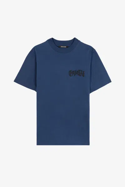 Roberto Cavalli Crystal-embellished Logo-print T-shirt In Dark Blue