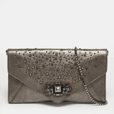 Roberto Cavalli Crystal Embellished Metallic Grey Leather Chain Clutch In Gray