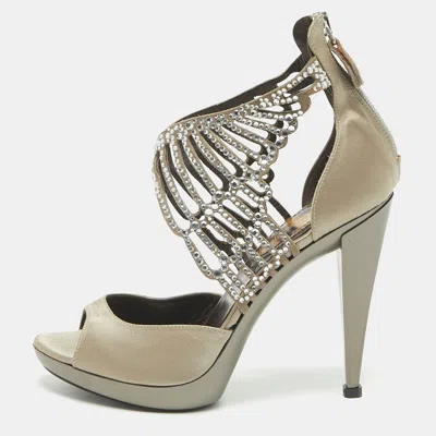 Pre-owned Roberto Cavalli Crystal Embellished Size 36 Grey Satin Platform Sandals