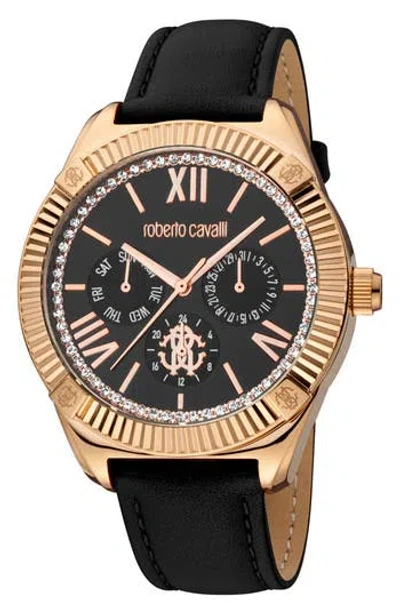 Roberto Cavalli By Franck Muller Crystal Leather Strap Watch, 42mm In Black/gold