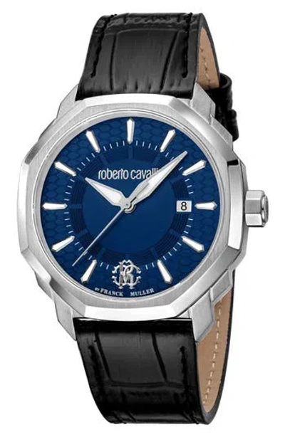 Roberto Cavalli Crystal Leather Strap Watch, 42mm In Black/silver