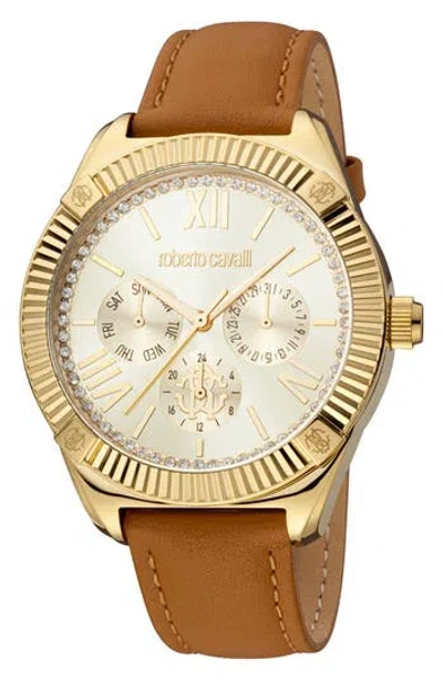 Roberto Cavalli Crystal Leather Strap Watch, 42mm In Brown