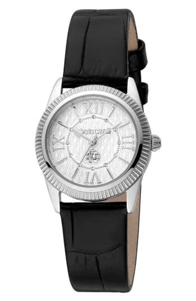 Roberto Cavalli Crystal Quartz Leather Strap Watch, 28mm In Black