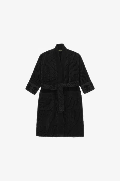 Roberto Cavalli Crystal Snakes Terry Cotton Bathrobe. In Black