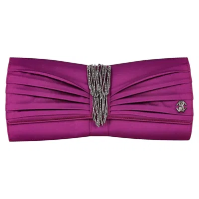 Pre-owned Roberto Cavalli Crystal-embellished Pleated Satin Clutch Bag In Purple