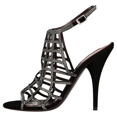Pre-owned Roberto Cavalli Crystal-embellished Suede Caged Heels In Black