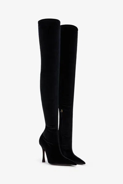 ROBERTO CAVALLI CUISSARD-STIEFEL IN SCHWARZ MIT SPITZER FORM UND SATINIERTER OPTIK