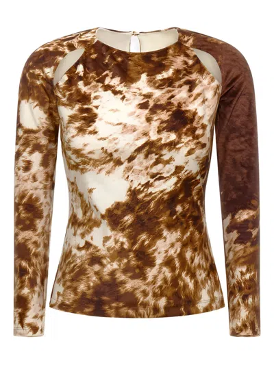 Roberto Cavalli Cut-out Printed Long-sleeve Top In Brown